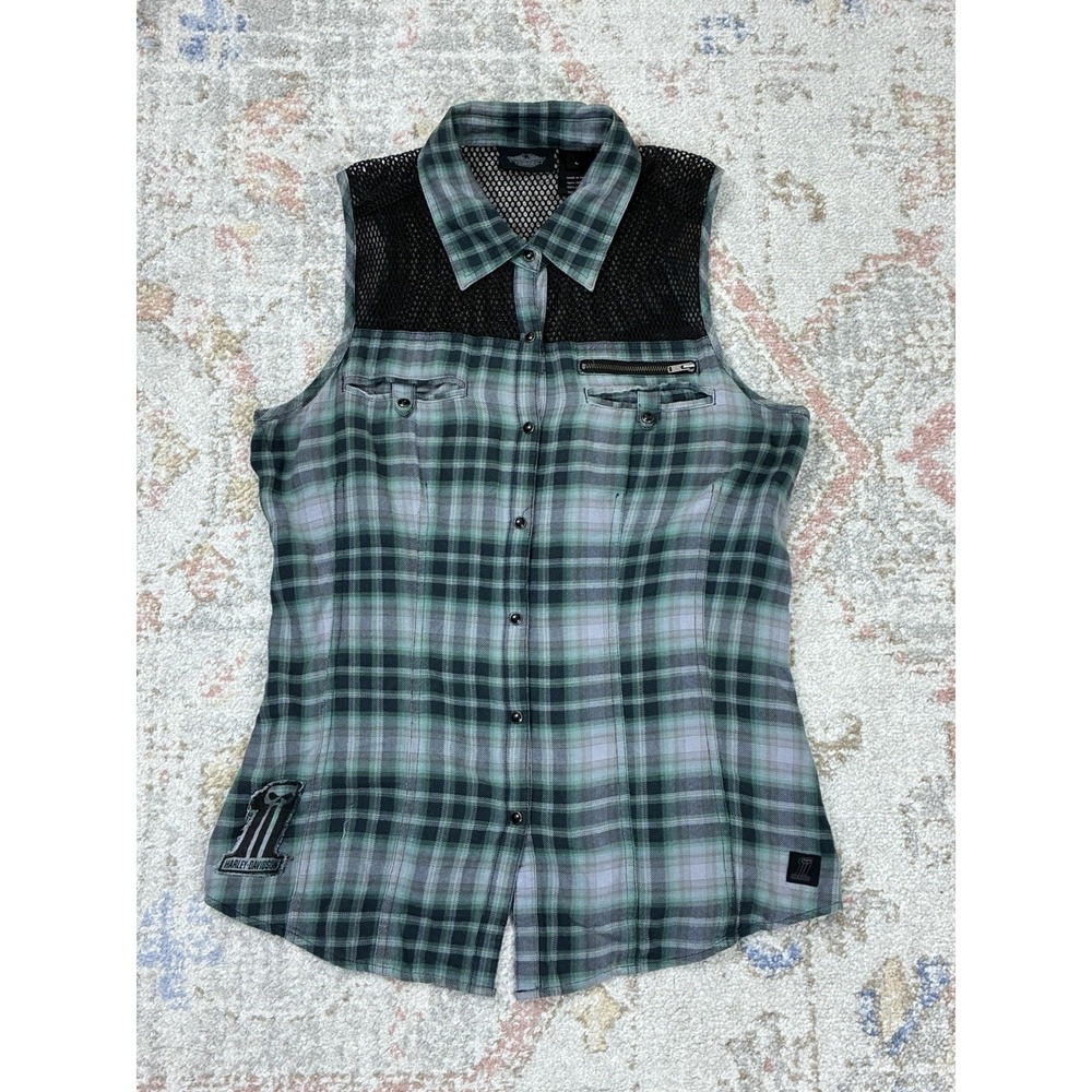 Harley Davidson Y2K Green Plaid Sleeveless Mesh Yoke Biker Grunge Moto Top Sz L